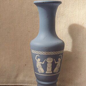 Vintage Blue Frosted Glass Vase Classical Grecian White Relief Design
